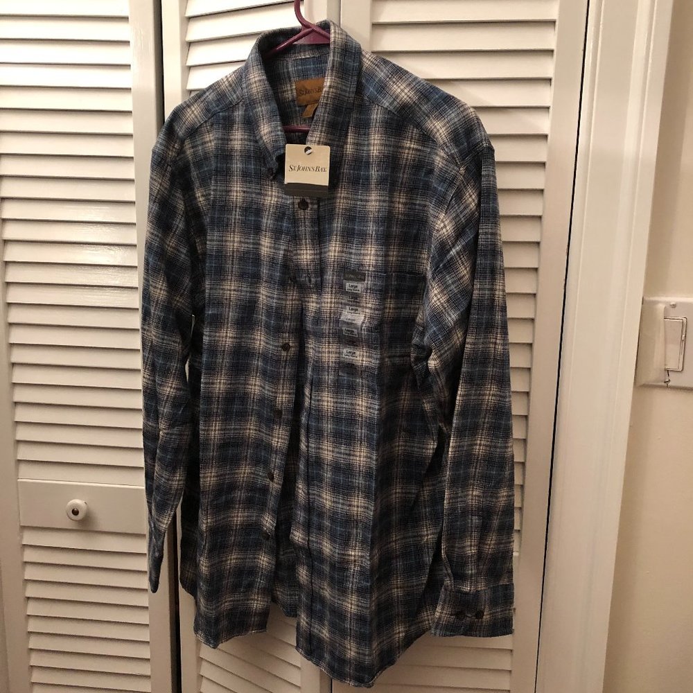 St John's Bay men flannel shirt, blue white plaid